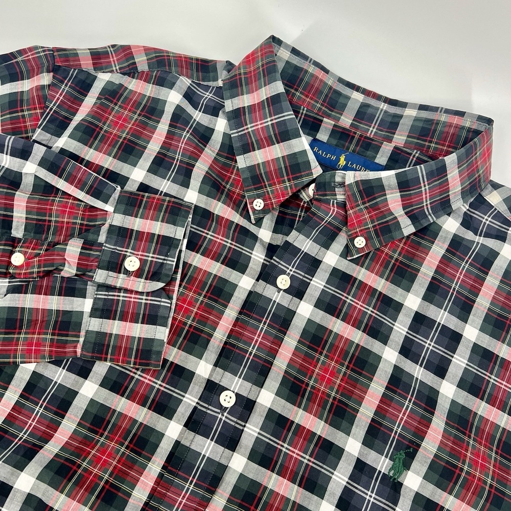 Ralph Lauren Button Down Shirt Mens XXL TTG Très Grande Plaid Green Pony